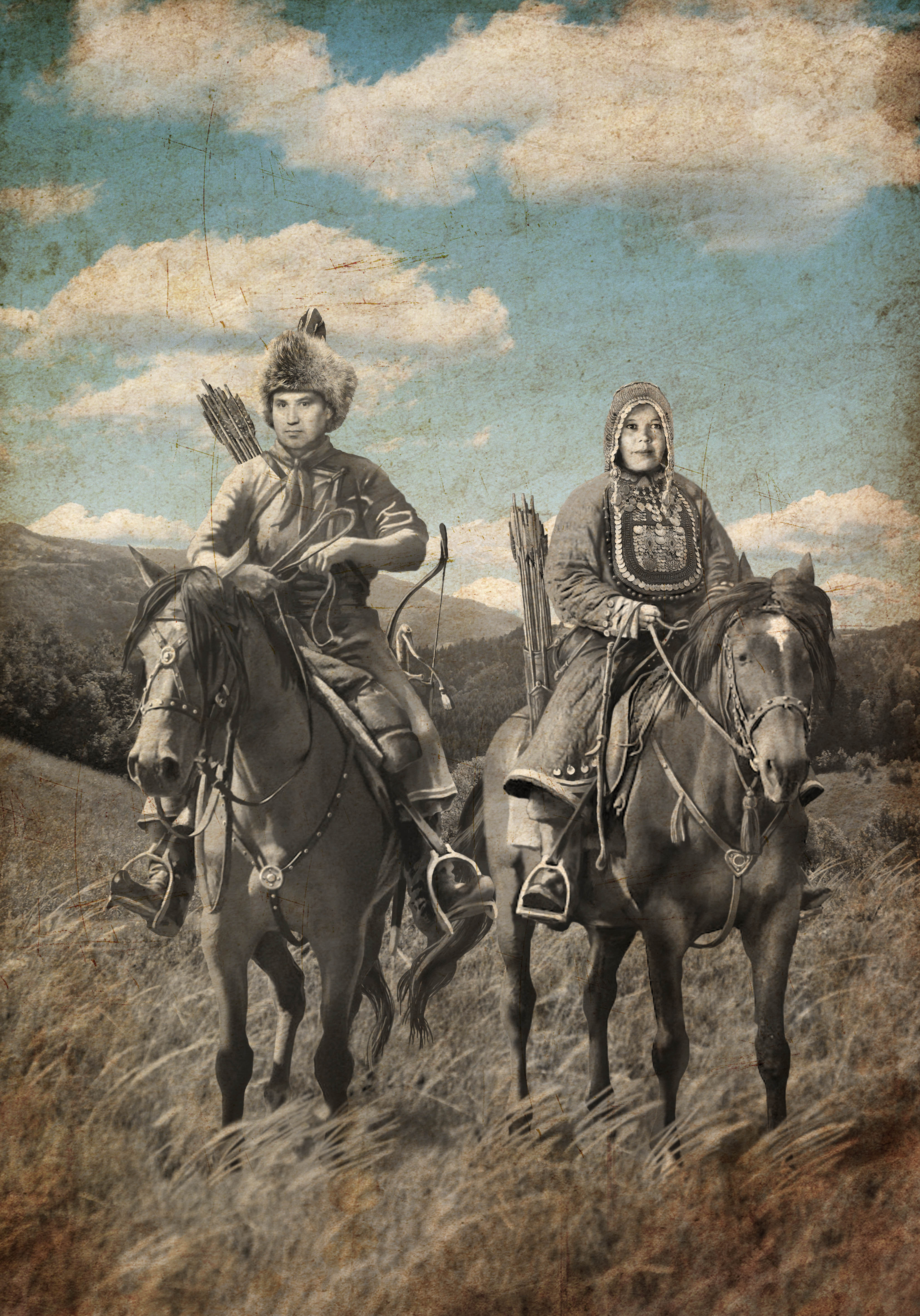 Bashkir man and woman on horseback, warriors in former days