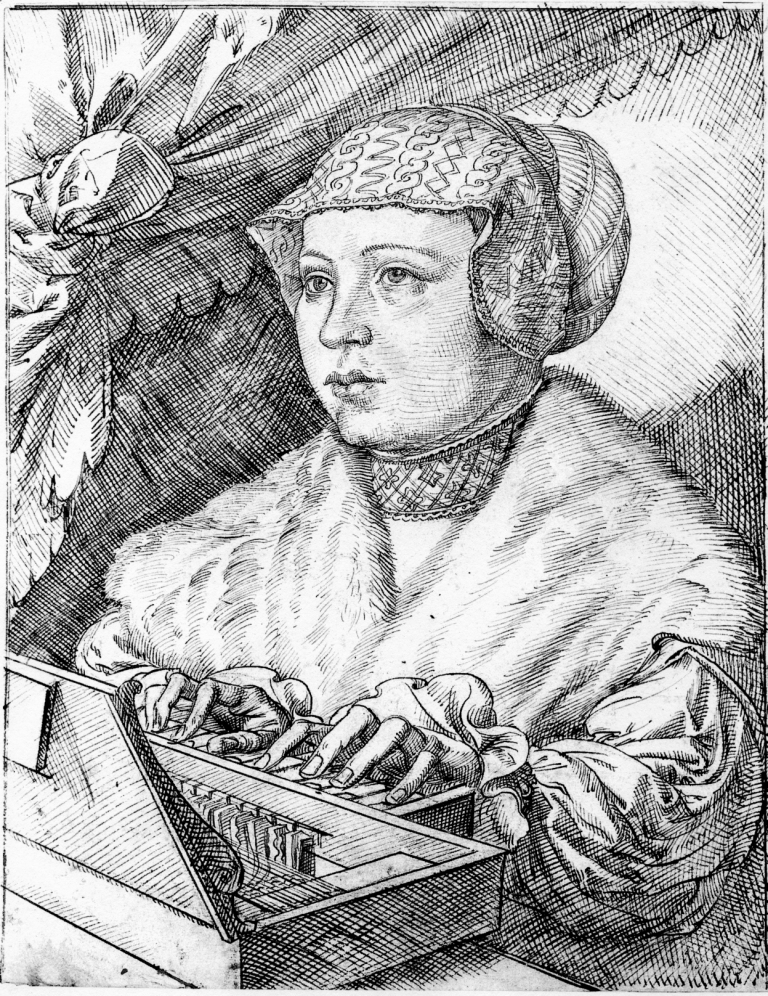Clavichordspeelster, 16de eeuwse prent