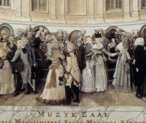 Felix Meritis, gravure Muzykzaal met publiek ca. 1800, detail