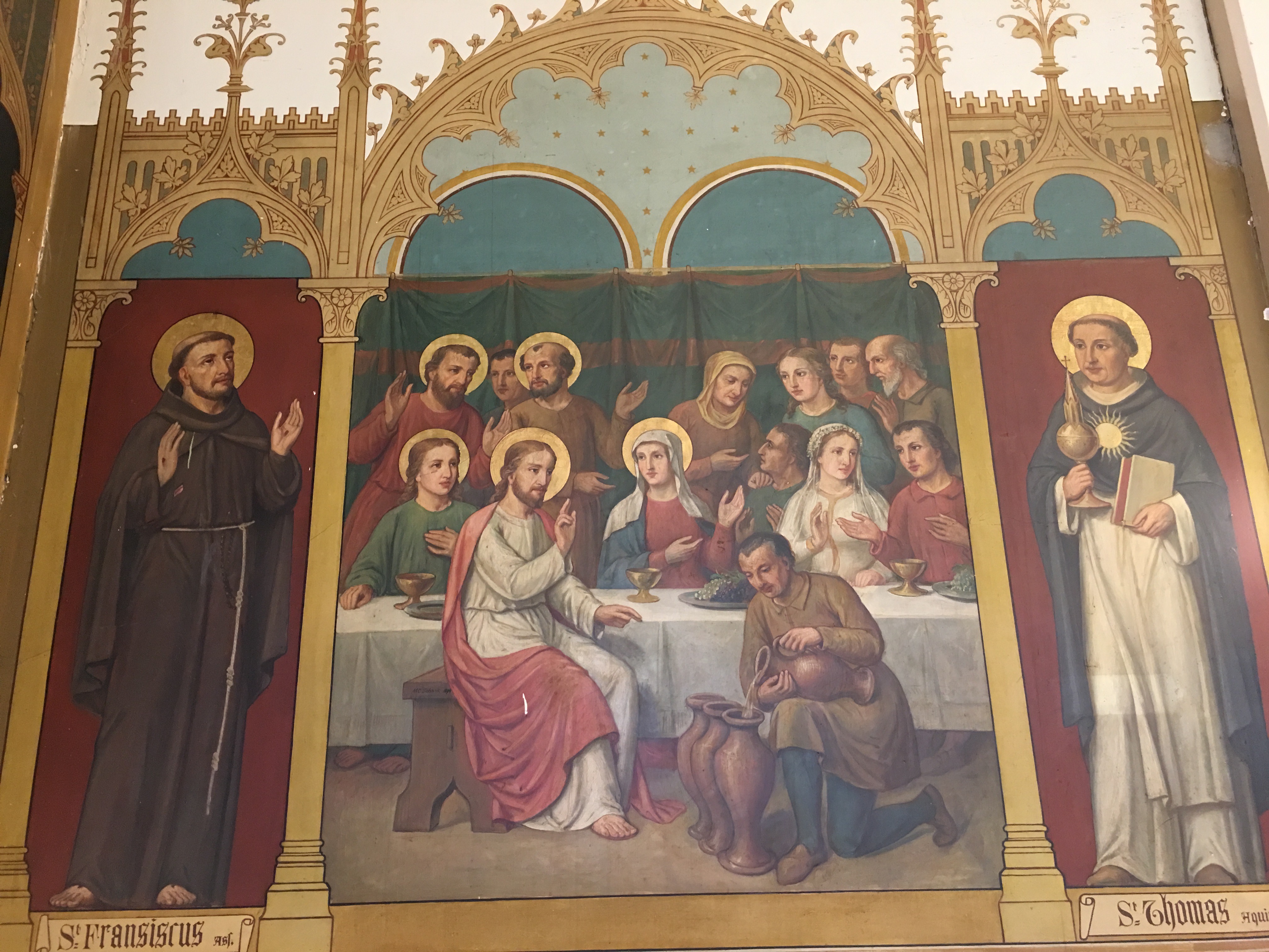 wandschildering in de kapelzaal: Christus en de Bruiloft van Kana