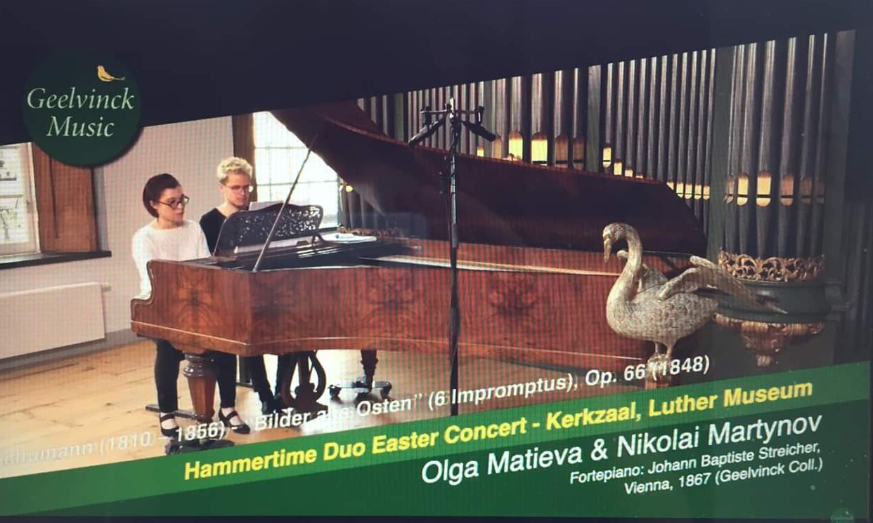 screenshot livestream Easter Concert Hammertime Duo in Luther Museum, Amsterdam 12 april 2020