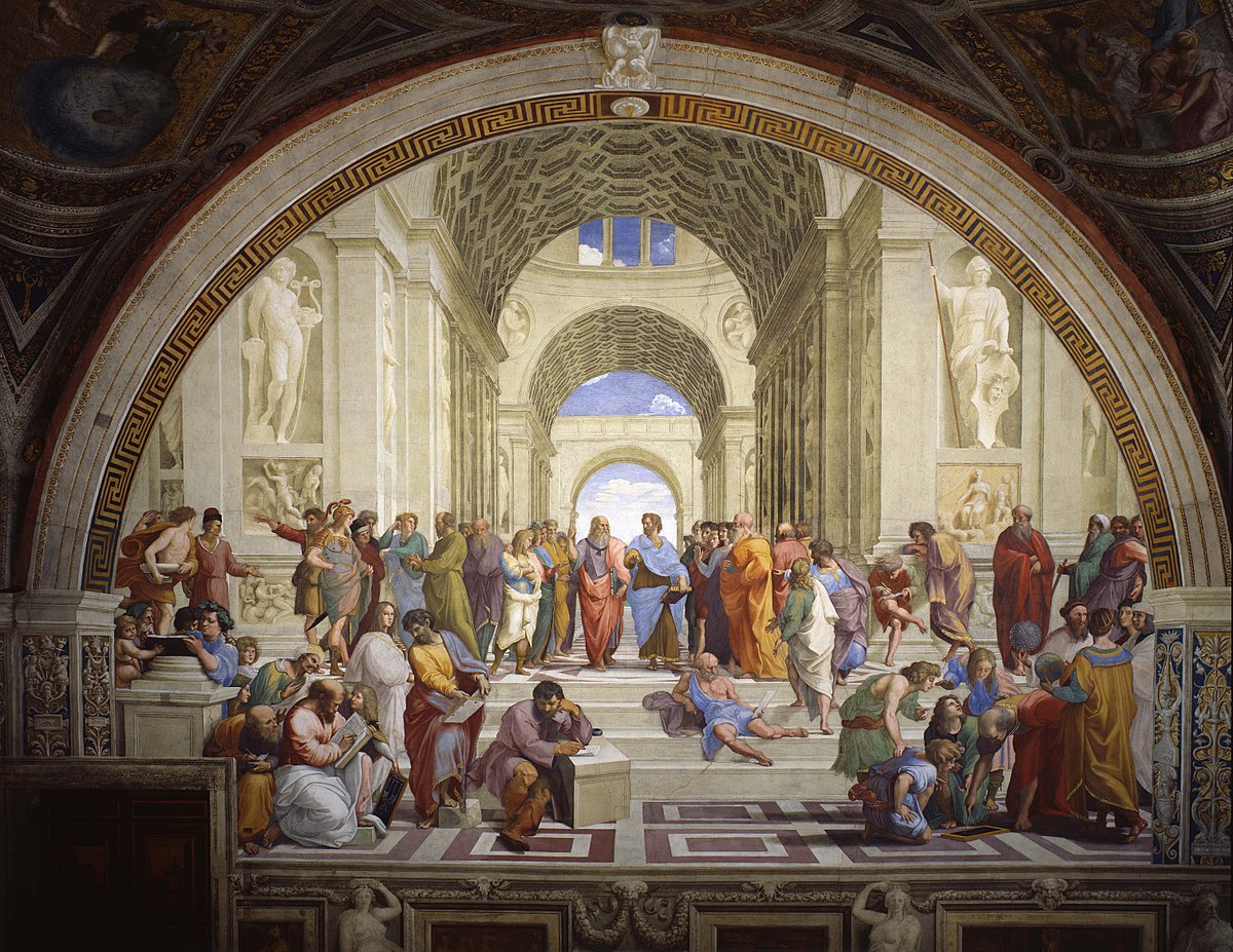 De Atheense School, met alle Griekse wijsgeren, onder wie Epicurus, Rafael, 1511