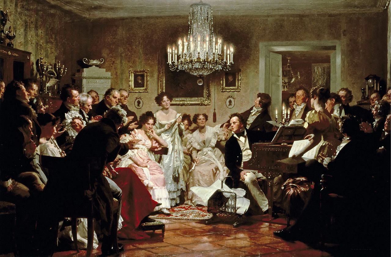 Schubertiade met Schubert aan de piano, door Julius Schmid 1897
