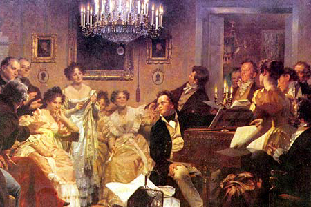 Schubertiade met Franz Schubert aan de piano, Julius Schmidt, 1897