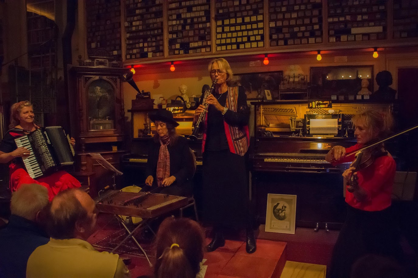 De dames in actie in de muzieksalon