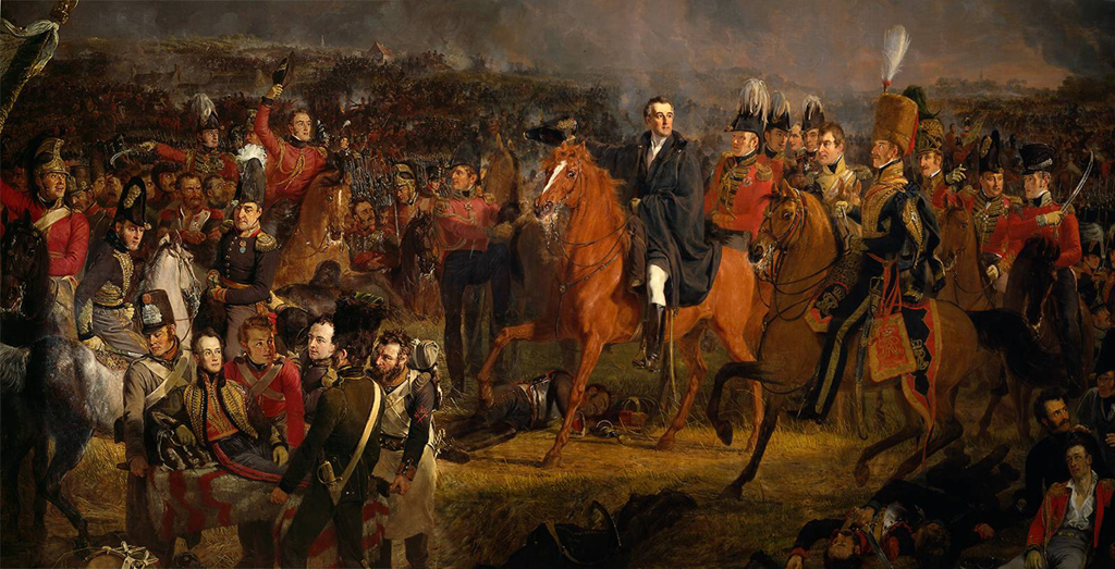 Slag bij Warerloo, J.W. Pieneman, midvoor: hertog van Wellington, bevelhebber van het Engelse-Nederlandse leger, linksonder gewonde Prins Willem Frederik
